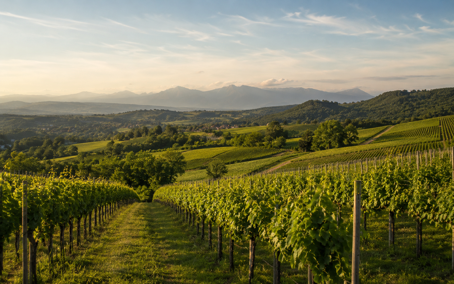 Filari coltivati al tramonto in Lombardia